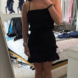 black ruffle cinched dress